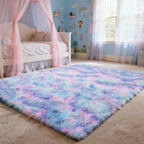 Shag Area Rug for Bedroom 4x6,Fluffy Area Rugs for Living Room,Soft Fuzzy Rug Non-Shedding Indoor Plush Carpet for Kids Bedroom Nursery Dorm Home Decor,Rainbow Purple