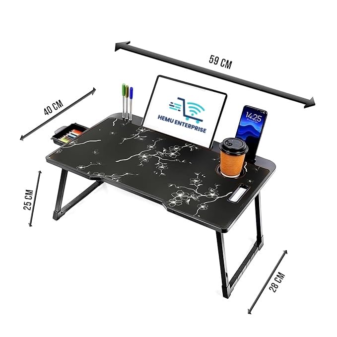 Image of Smart Multipurpose Foldable Laptop Table with Cup Holder, Study Table, Bed Table, Breakfast Table, Foldable and Portable /Ergonomic & Rounded Edges /Non-Slip Legs (Black Flower)