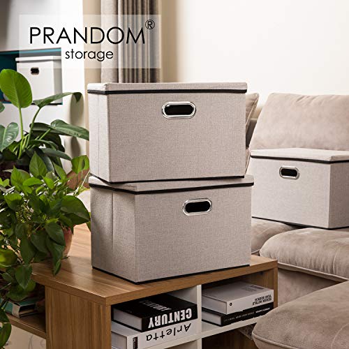 Image of PRANDOM Large Foldable Storage Bins with Lids [3-Pack] linenFabric Decorative Storage Boxes Organizer Containers Baskets Cube with Handles Divider for Bedroom Closet Office Light Grey(17.7x11.8x11.8)