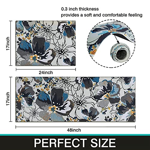 Cocobelin Modern Blue Large Flower Kitchen Rugs And Mats 2 Pieces,Blue Boho Bathroom Rug,Non Slip Cushioned Mat Runner Rug Doormat For Boho Kitchen,Sink,Laundry,Bathroom,Home Decor,17X30+17X47Inch #TOP1