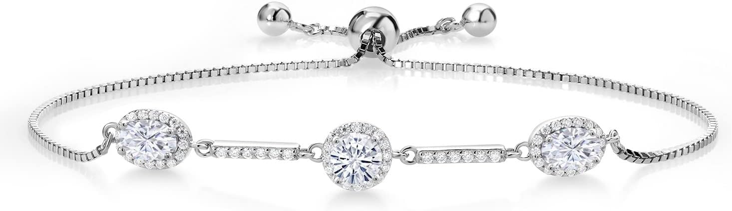 Gem Stone King 1.83 Cttw 6X4MM Oval and 5MM Round White Moissanite 3-Stone Tennis Bracelet For Women In 925 Sterling Silver By Keren Hanan | Fully Adjustable Up to 9 Inch