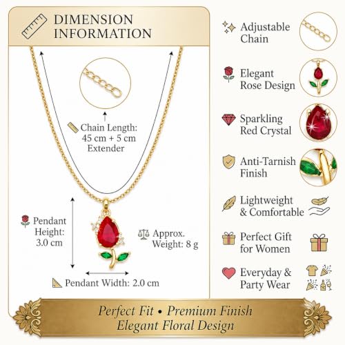 Image of Gold-Tone Rose Pendant Necklace for Women with Red Crystal, Floral Charm Chain Stainless Steel Anti Tarnish Waterproof Hypoallergenic, Gift for Her