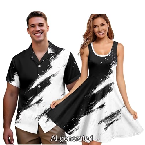 Image of Dreaweet Summer Dresses for Women A-Line Sleeveless Flowy Sun Dresses,Men's Casual Button-Down Shirts,Couple Matching Outfits