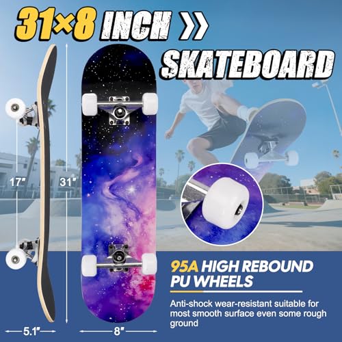 Image of Skateboards for Beginners Adults Youths Teens Kids Girls Boys 31 Inch Pro Complete Skate Boards 7 Layer Canadian Maple Double Kick Concave Longboards