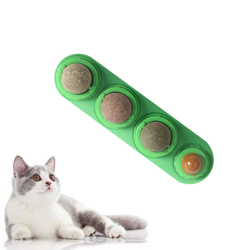 Catnip Wall Toys, 4PCS Rotatable Catnip Lickable Balls, Cats Kitten Chew Toys, Teeth Cleaning Cat Bite Toy, Cat Wall Treats Interactive Cat Lick Chew Toy Indoor Cat Toys