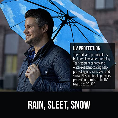 Image of GORILLA GRIP Compact Travel Size Umbrella for Rain, Sleek Design Fits Backpack, Purse and Carry On, Lightweight Under 1lb, One Click Open and Close, Wind Resistant, Durable Waterproof, Sky Blue