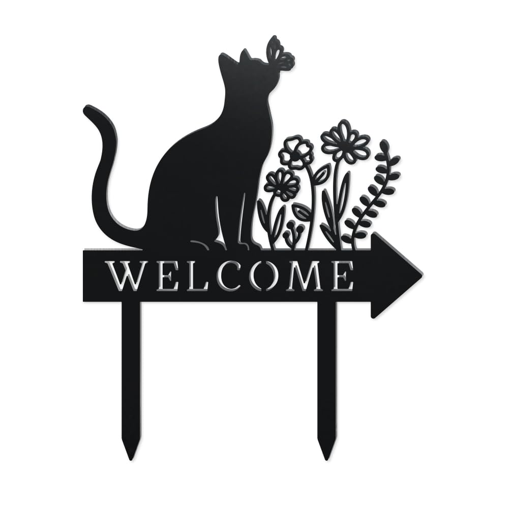 WADORN Cat Welcome Metal Decorative Garden Stakes, Funny Cat Flower Butterfly Silhouette Metal Statues Animal Garden Ornament Gifts Black Yard Art Decoration for Outdoor Backyard Patio Lawn Walkways
