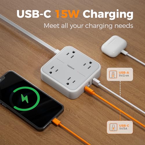 Flat Plug Extension Cord Indoor 5 Ft, Power Bars with Surge Protector, TESSAN Power Strip with 4 Multiple Outlets 3 USB Ports (1 USB C), Surge Protection for Dorm Room Home Office, image 1