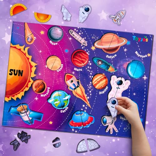 Image of Wooden Solar System Magnetic Puzzle for Kids | 50 Pieces Magnetic DIY Science Jigsaw with Board | Early Learning Games | Educational Toy for Boys and Girls (Multicolor, Ages 2-7 Years)