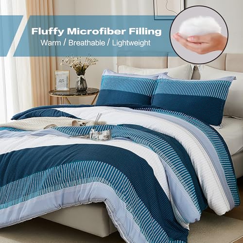 Litanika Oversized King Comforter Set Navy Blue - 3 Pieces Lightweight Blue White Colorblock Stripe Fluffy Bedding Comforter Sets, All Season Bed Set