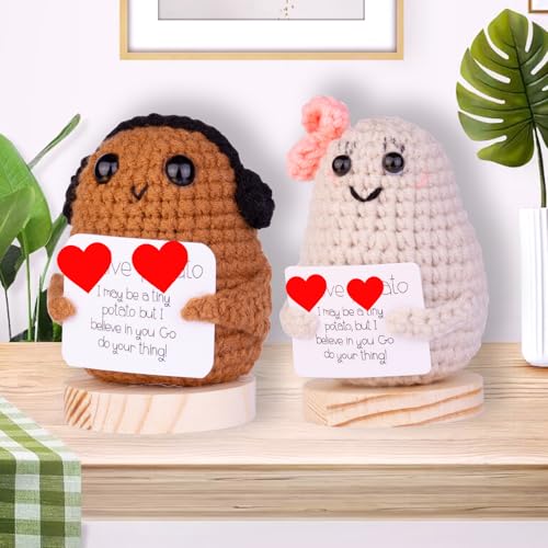 Image of Handmade Emotional Support Potato Car Ornament, Funny Potato Knitting Doll Car Dashboard Decoration Gift with Wooden Base for Car Home Office(Bowknot Potato)