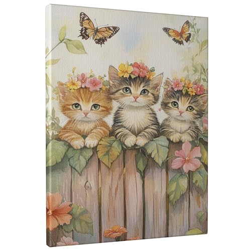 Toile murale décorative avec chatons mignons – Impressions de chat colorées et confortables pour décoration printanière, salon, chambre à coucher, sans...