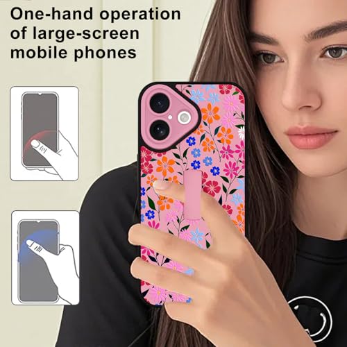 Image of for iPhone 16 Case with Finger Strap Holder, Cute Colorful Floral Flower Print Pattern Design for Women Girls, Shockproof Anti Scratch Hand Kickstand Protective Cover, Pink