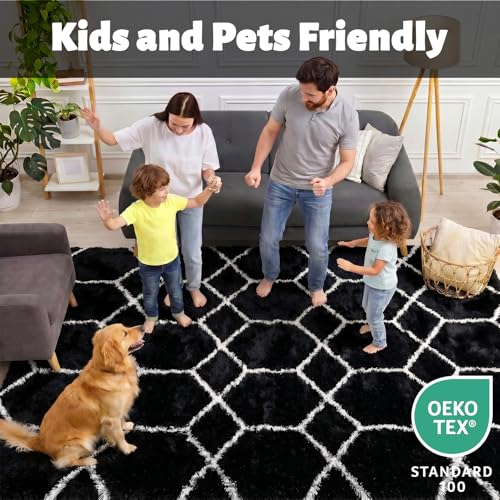 Image of Area Rugs for Living Room, 5x8 Fluffy Black and White Bedroom Geometric Rug