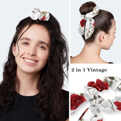 Image of Red Blooming Rose Flowers Black Working Cap with Scrunchy and Ribbon Tie for Women, Long Hair