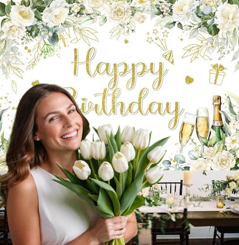 Image of Happy Birthday Banner Sage Green Birthday Decoration Backdrop 72x44inch White Flower Floral Greenery Eucalyptus Leaves Birthday Party Background Sprinkle Gold Dots Party Decorations for Women Adults