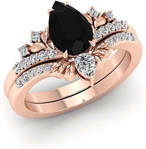 1.5 CT Vintage Rose Gold Pear Cut Black Onyx Engagement Ring Set for Women 18K Unique Bridal Wedding Band Nature Inspired Black Stone Leaf Promise Ring