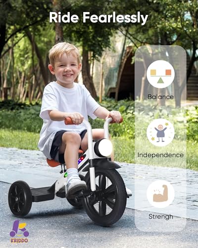 Image of KRIDDO Kids Tricycle, 12 Inch Puncture Free Wheel w Front Light, Adjustable Seat Height, Gift for 2-5 Year Olds, WhiteLED
