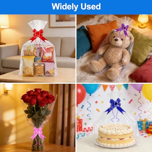 5 Stück Extra Groß Geschenkfolie Transparent CellophantüTen, 60 x 75cm Durchsichtiges Geschenkpapier mit 5 Zugschleifen, Cellophan GeschenktüTen für Blumen Geschenkkörbe Kunsthandwerk Leckerli Wrap
