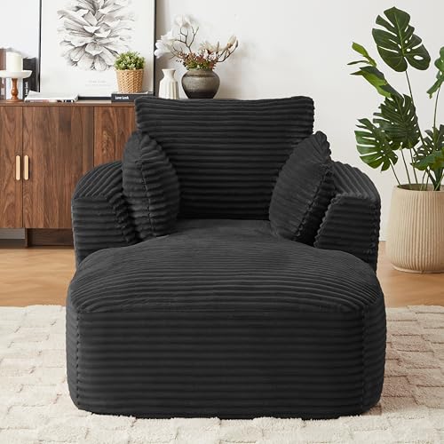 Image of 65 inch Soft Corduroy Chaise Lounge Chair Indoor, Lounge Chaise with Spring Cushion, Sleeper Sofa with No Assembly for Living Room and Apartment, Black