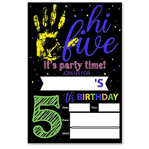 VAHATAN Hi Five 5th Birthday Party Invitations 20 Packs 5 Year Old Birthday Invites With Envelopes Colorful Fill in Invite Cards
