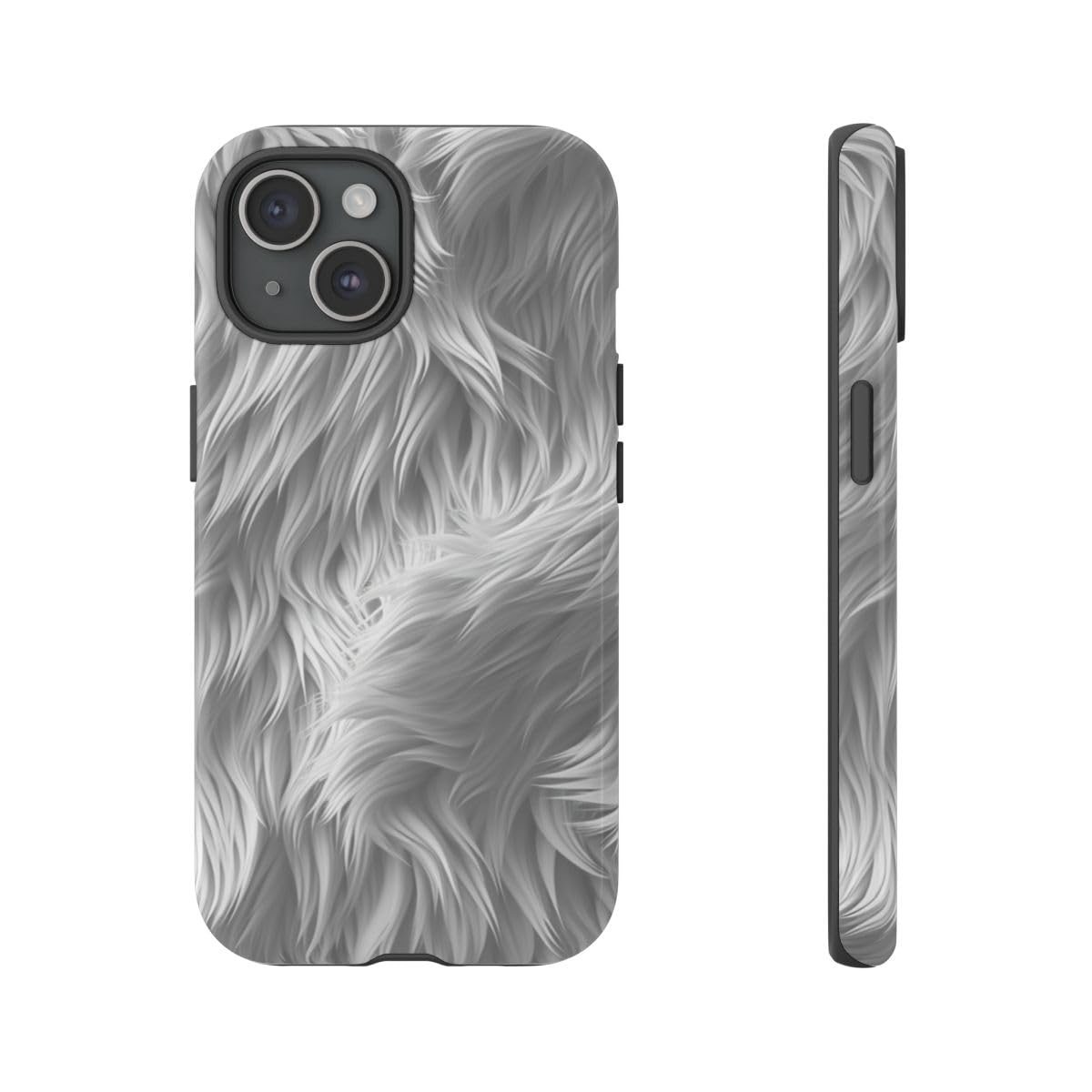 Coque rigide iPhone 15 texture fourrure blanche pour protéger sans rayer le téléphone