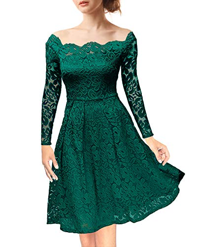 NALATI Women Summer Dress Vintage Floral Lace Off-Shoulder Boat Neck Long Sleeves Cocktail Party A-Line Swing Dress (UK Size 16-18(XL), Dark Green)