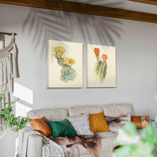 crmotu Floral Botanical Wall Art Set of 3, Cactus Flowers Vintage Wall Decor, Tropical Plant Watercolor Canvas Prints, Minimalist Wall Pictures of Living Room Bathroom Kitchen Farmhouse, 12x16inch