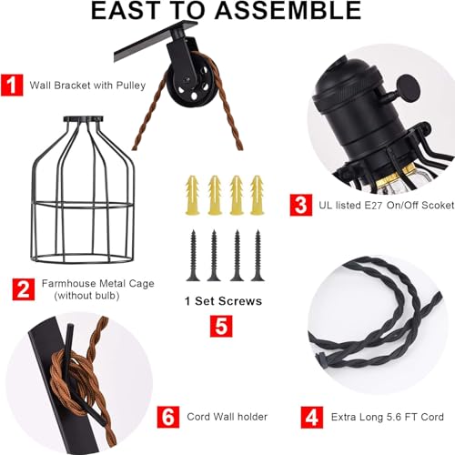 Aplique de pared negro E27 de estilo industrial con polea regulable para salón (Pack de 2) 5