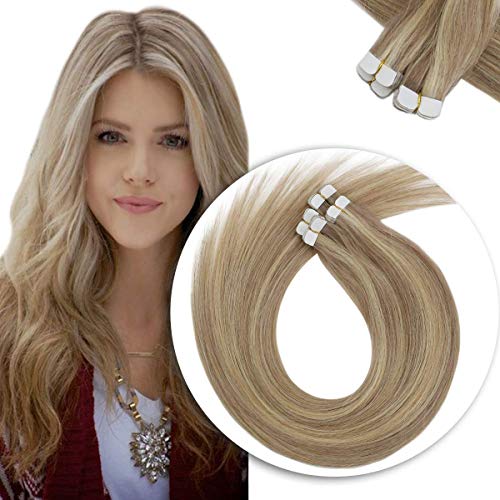 Sunny 18inch Blonde Highlighted Mini Tape in Hair Extensions Human Hair Color #18 Ash Blonde Mixed #613 Bleach Blonde Remy PU Hair Extensions Glue in Human Hair Silky Straight 1g/pc 20Pcs