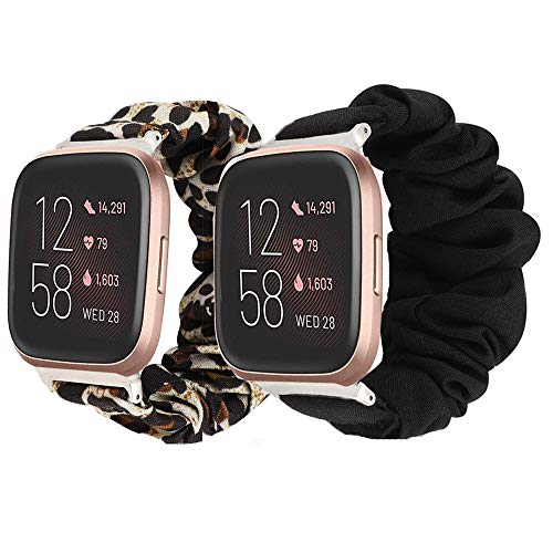 Armband Kompatibel mit Fitbit Versa 2, weiche Haargummis Uhrenarmband für Fitbit Versa 2 Health & Fitness Smartwatch (Schwarz+Leopard)
