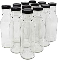nicebottles 12oz Clear Glass Wide Mouth Bottles with Black Caps - Case of 12 Reusable for Water Juice Sauces