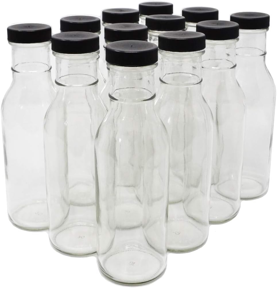 Clear Glass Beverage/Sauce Bottles, 12 Oz, Black Caps - Case of 12