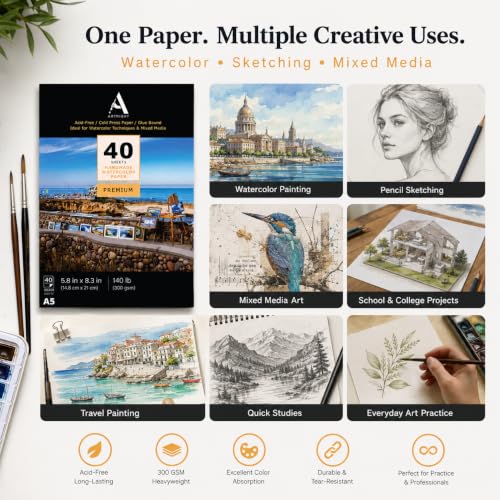 Image of ArtRight Artists Watercolor Paper (A5 Pack of 40 Sheets, 300 GSM); Handmade Watercolour Paper for Artists