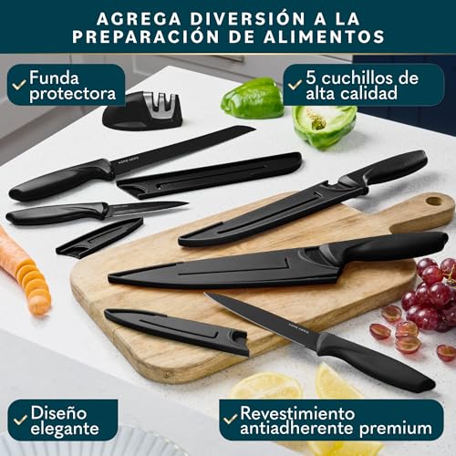 Home Hero Juego de cuchillos de cocina Juego de cuchillos de acero inoxidable con mango ergonómico (11 piezas con Vaina - Negro) - imagen 3