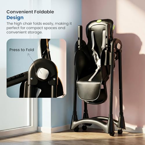 Image of BAYBEE High Chair for Baby 6 to 18 Months, 6-Level Height Adjustable Feeding Chair with Reclining Backrest, Foldable Frame, 5-Point Safety Harness, Double Removable Tray, Footrest & Lockable Wheels (Black)