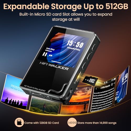Image of HIFI WALKER Hi-Res MP3 Player with Bluetooth, H2 Touch 2.4 inch HD Touchscreen, DSD /FLAC Lossless Audio Player, 128GB SD Card Included, Supports up to 512GB
