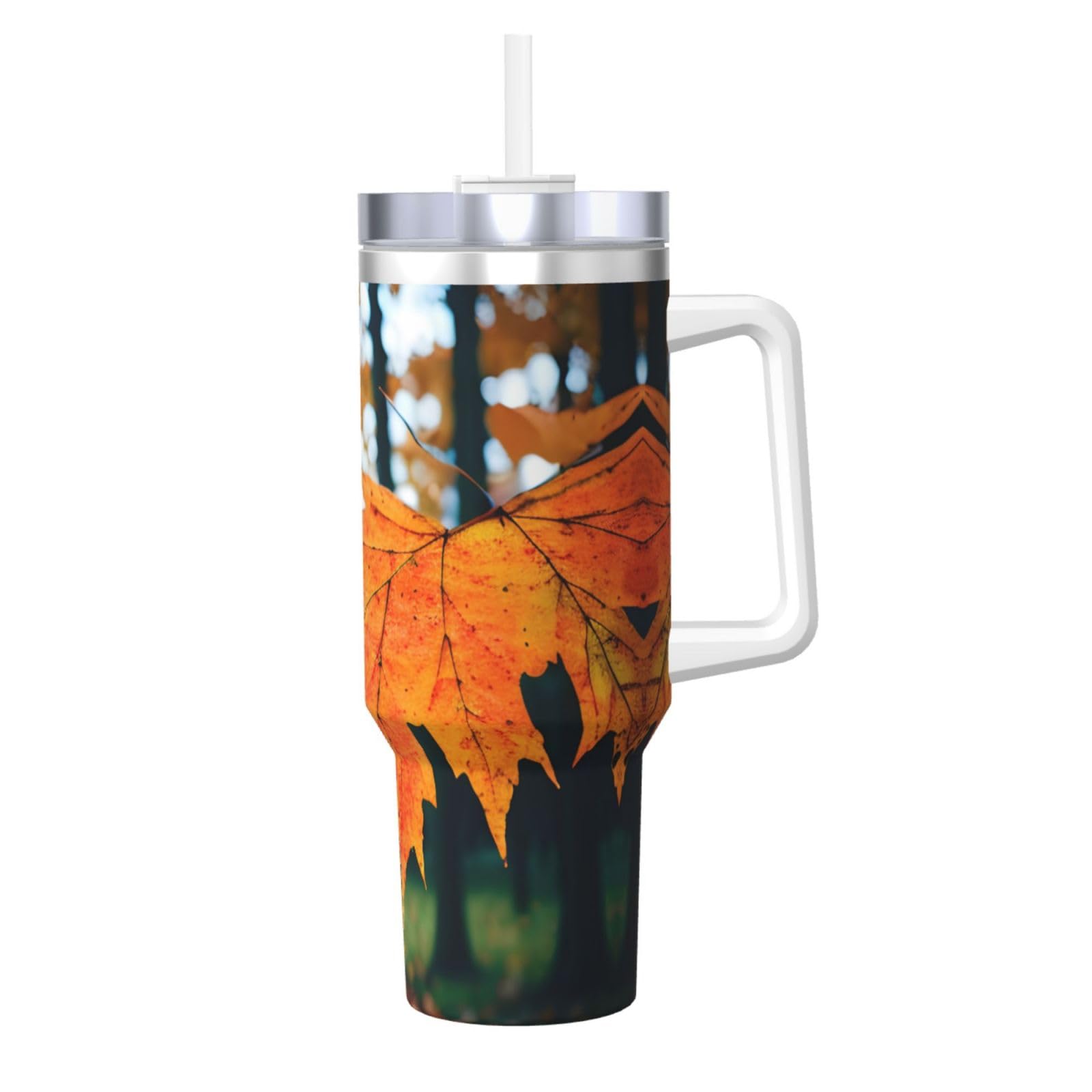 Wasserflasche mit Herbstmuster, Edelstahl, doppelwandig, isoliert, mit Griff und Strohhalm-Deckel, 1,2 l