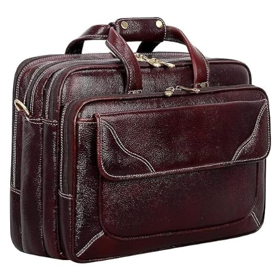 Image of Full-Grain Natural Genuine Pure Orginal Leather Office Briefcase Laptop Messenger Shoulder Bags For Mens Man Office Use 15.6 Inch cabin szie travelling Size-L-16'' X H-12'' X W- 6''