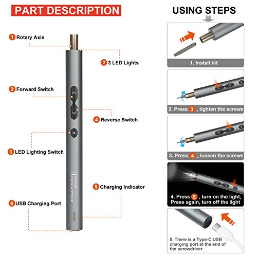 ABLY Mini Electric Screwdriver Set with 24 Precision Bits and LED Light Rechargeable Screw Driver Magnetic Screwdriver Cordless Power Screwdriver for Phone Watch Camera Laptop Switch Game Consoles