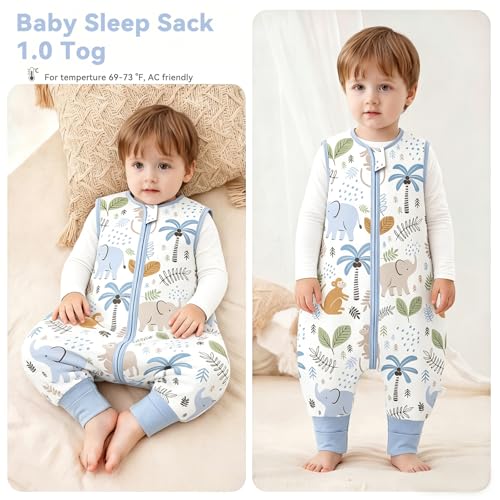 Image of Chilsuessy Toddler Sleep Sack with Feet 4-5 T, 1.0 TOG Cotton Baby Wearable Blanket with Legs, Sleep Bag Walker with 2-Way Zipper, Blue Animals