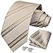 HISDERN Mens Ties Champagne Tie Classic Stripe Plaid Gold Tan Necktie Pocket Square and Cufflinks Formal Silk Ties for Men Wedding Business Party