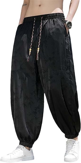 Summer Mens Ice Silk Harem Pants,Vintage Tang Dynasty Loose Trousers with Leaf Print
