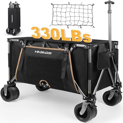 HASAGEI Collapsible Wagon Cart Outdoor 8.48 Cubic Feet Folding Utility Wagon 330 lbs Capacity Heavy Duty Beach Wagon with Big Wheels for Camping Beach Garden Cover