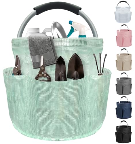 Image of 17L Cleaning Caddy for Cleaning Supplies, Foldable Tool Bucket Organizer with 6 Side Pockets, Portable Garden Tool Bag in PVC Resin, Folding Storage Basket for Camping, Gardening, Green