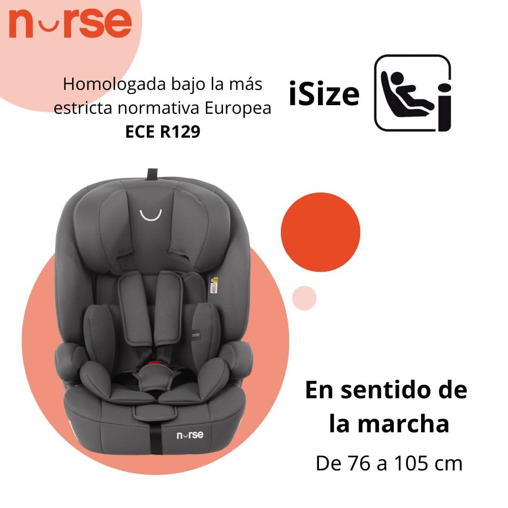 Nurse by Jané Grip Silla de Coche iSize 76–150 cm, 2–12 Años, Sin Isofix, Instalación con Cinturón, 9 Posiciones, Grupo 1 2 3, Gris (Storm)