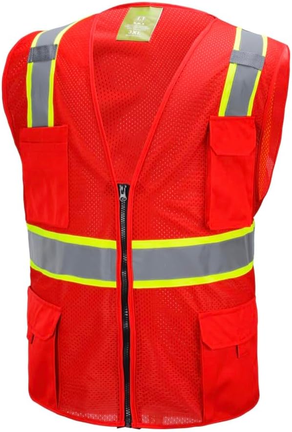 Chaleco de seguridad rojo de dos tonos, con herramienta de bolsillo múltiple