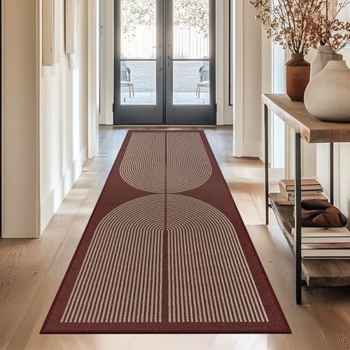 Capslpad Tapis de couloir, 80 x 200 cm en aspect jute, naturel, lavable, antidérapant, rouge, pour couloir, cuisine, chambre à coucher, balcon