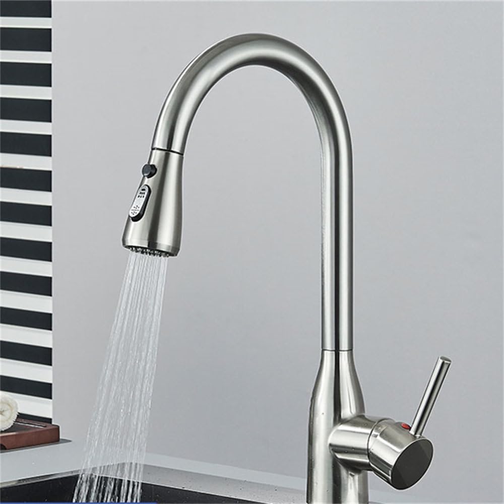 FCXWEVR Brushed Nickel Pull-Out Kitchen Sink Tap 360° Swivel Spout Hot & Cold Mixer Deck-Mounted Single Hole Faucet for Modern Kitchens