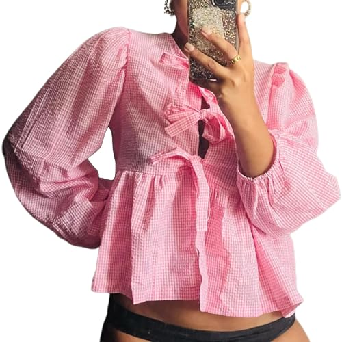 Tie Front Tops for Women Y2k Leopard Print Peplum Babydoll Top 3/4 Length Puff Sleeve Coquette Cute Going Out Tops Small Pink Gingham